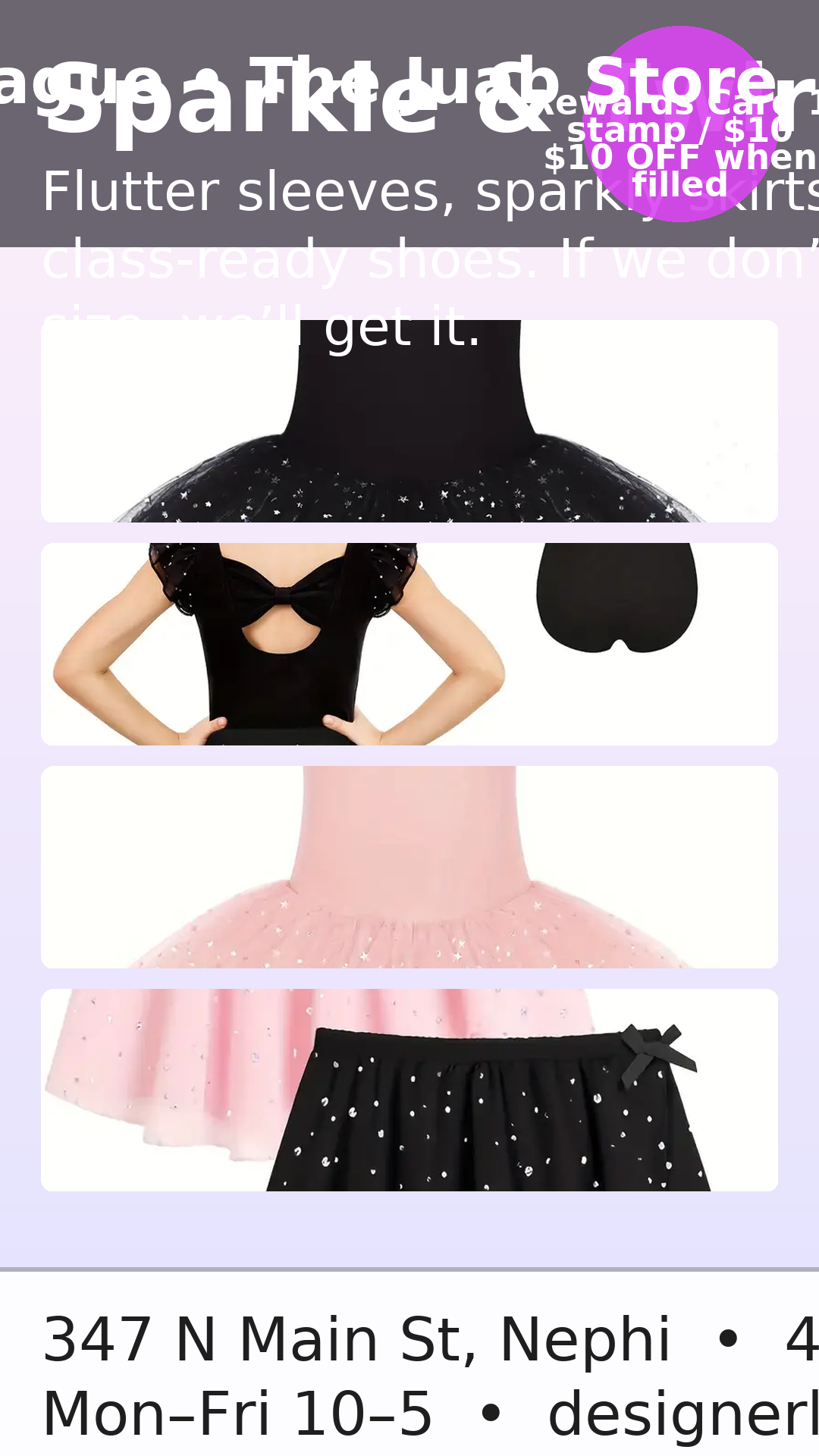 Dancewear ad: Tutus, leotards, and skirts. Store details in Nephi, UT.