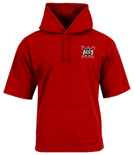 Red hooded sweatshirt with short sleeves, and 