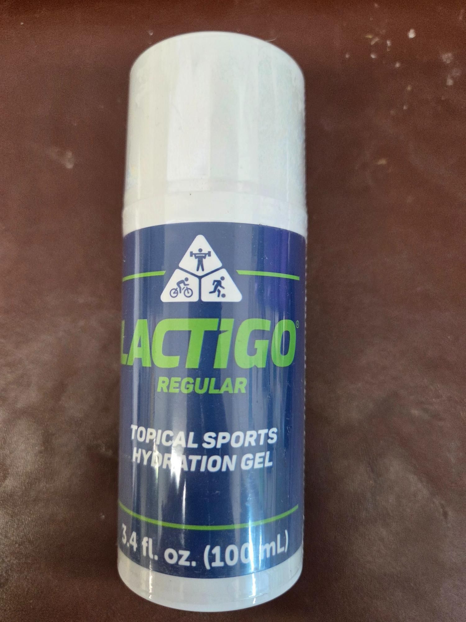 Lactigo topical sports hydration gel bottle. White, blue, and green label with athlete icon. 3.4 fl oz.