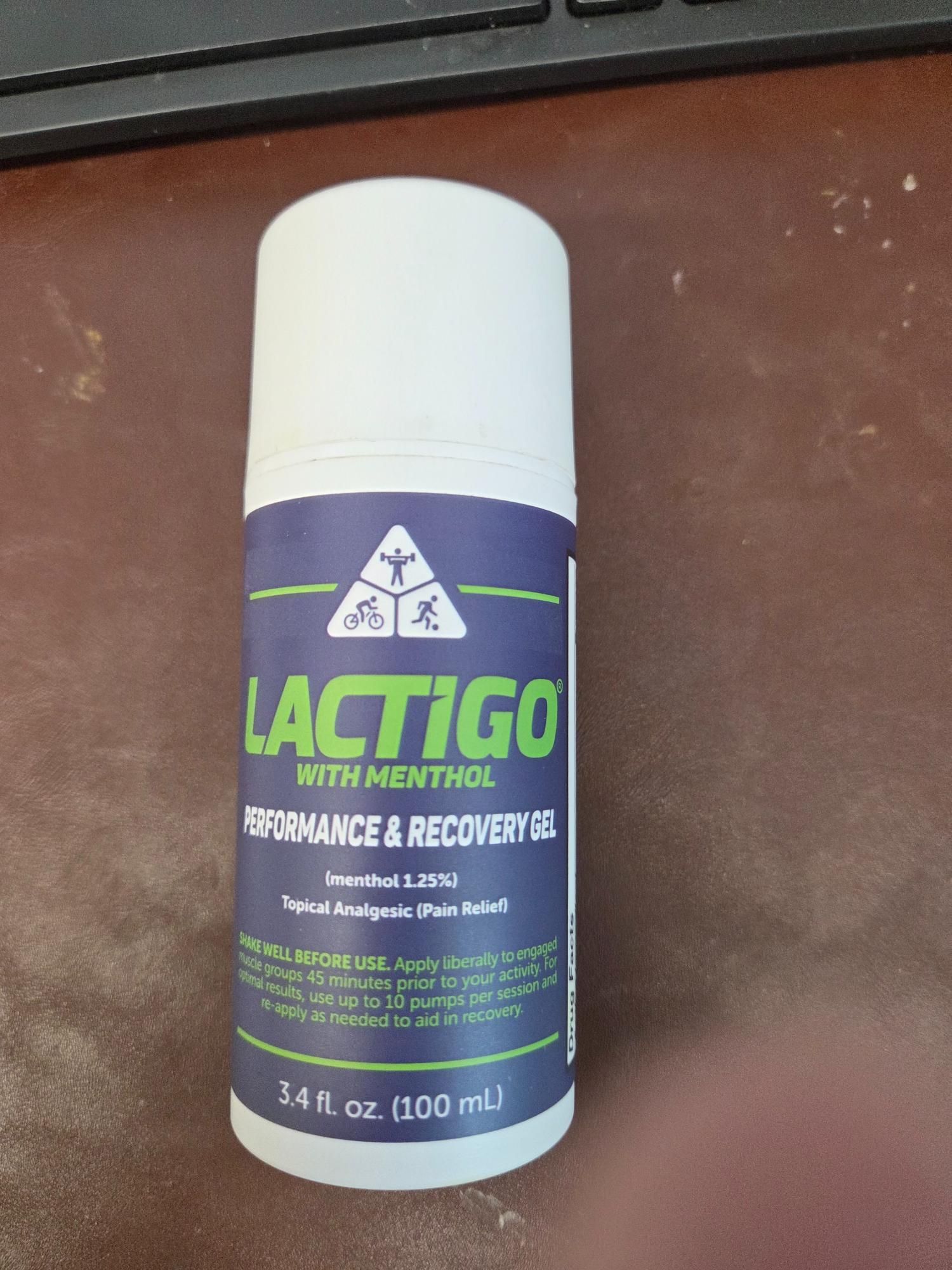Lactigo performance and recovery gel with menthol. Blue and green label on white bottle. 3.4 fl oz.