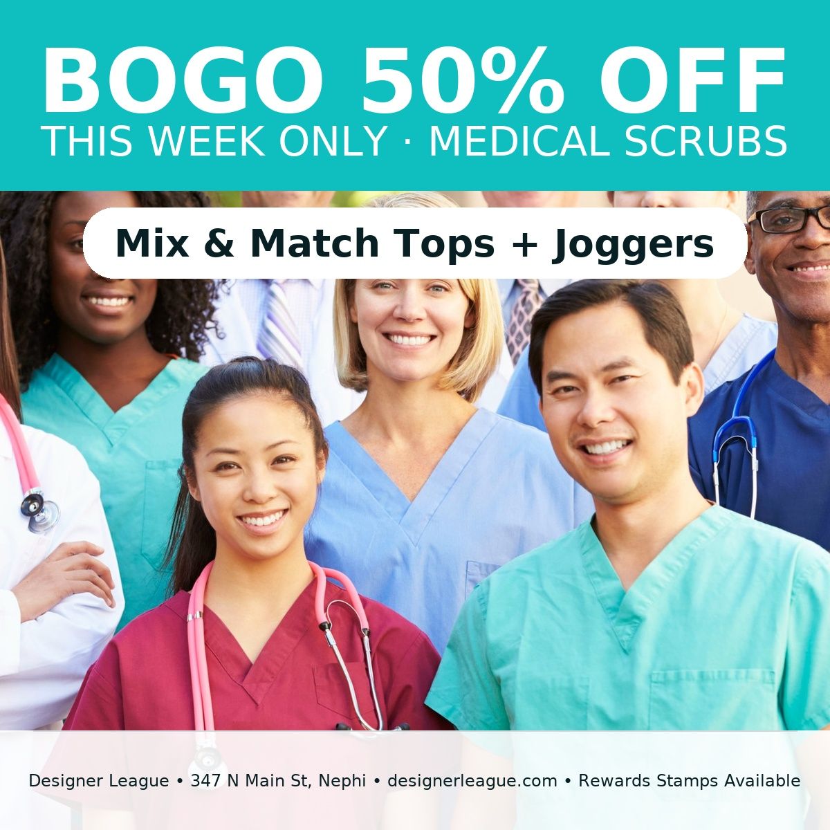 Medical scrubs sale: BOGO 50% off. People wearing scrubs, with text overlay.