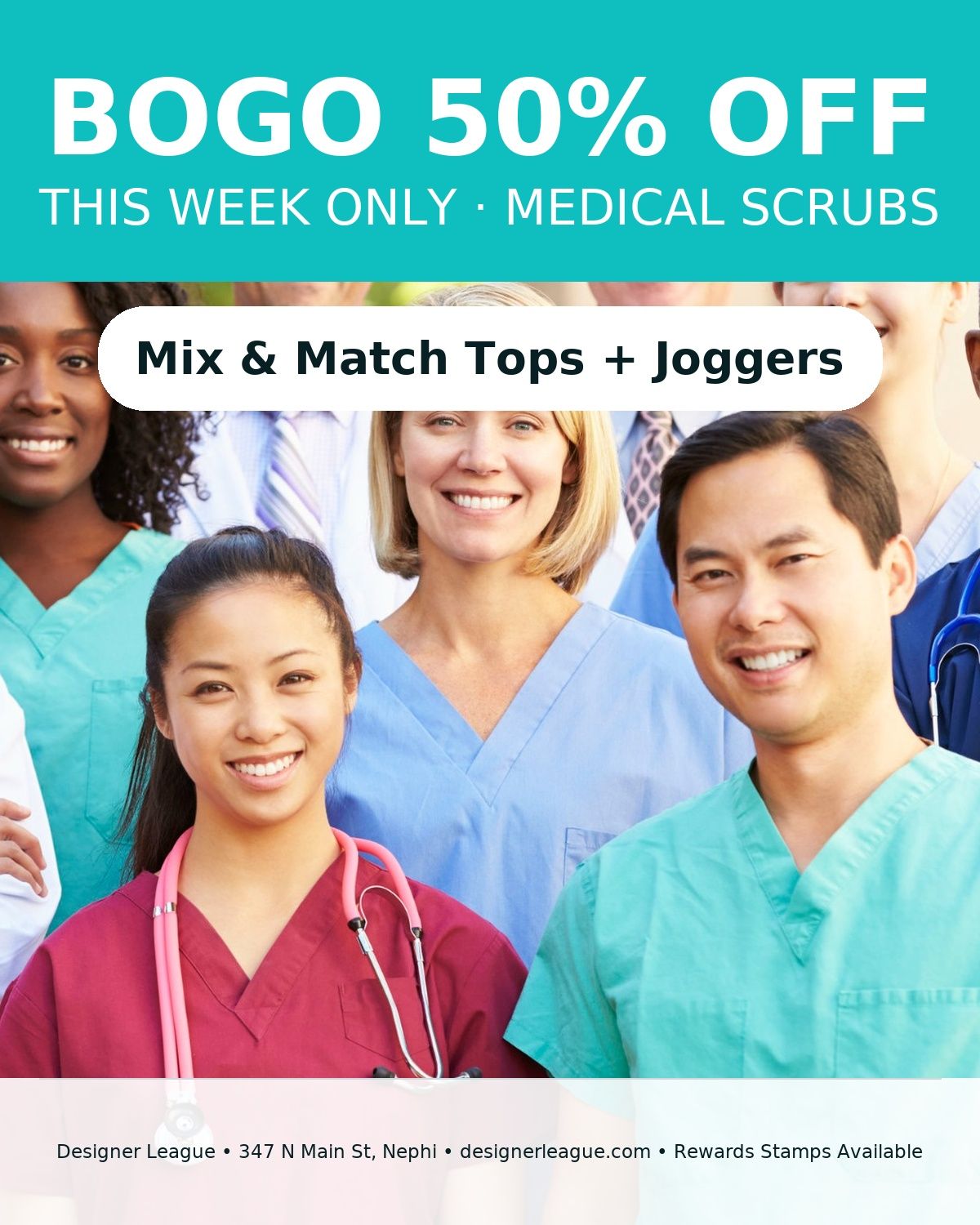 Medical scrubs sale: Buy one, get one 50% off. Group of smiling healthcare workers. Mix & match tops + joggers.