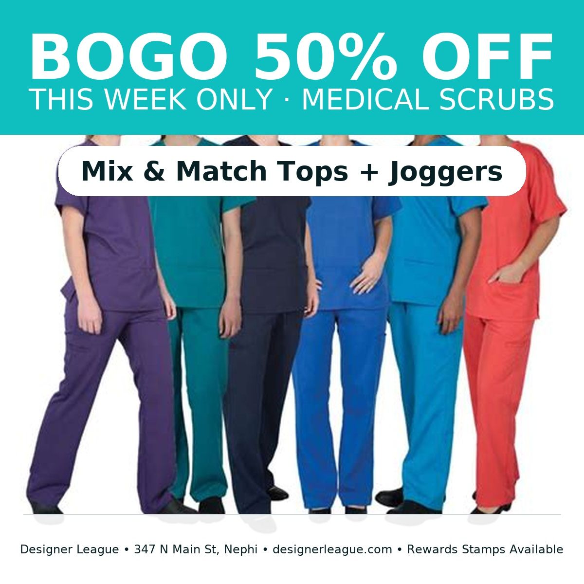 Medical scrubs sale: BOGO 50% off, mix & match tops + joggers, in various colors.