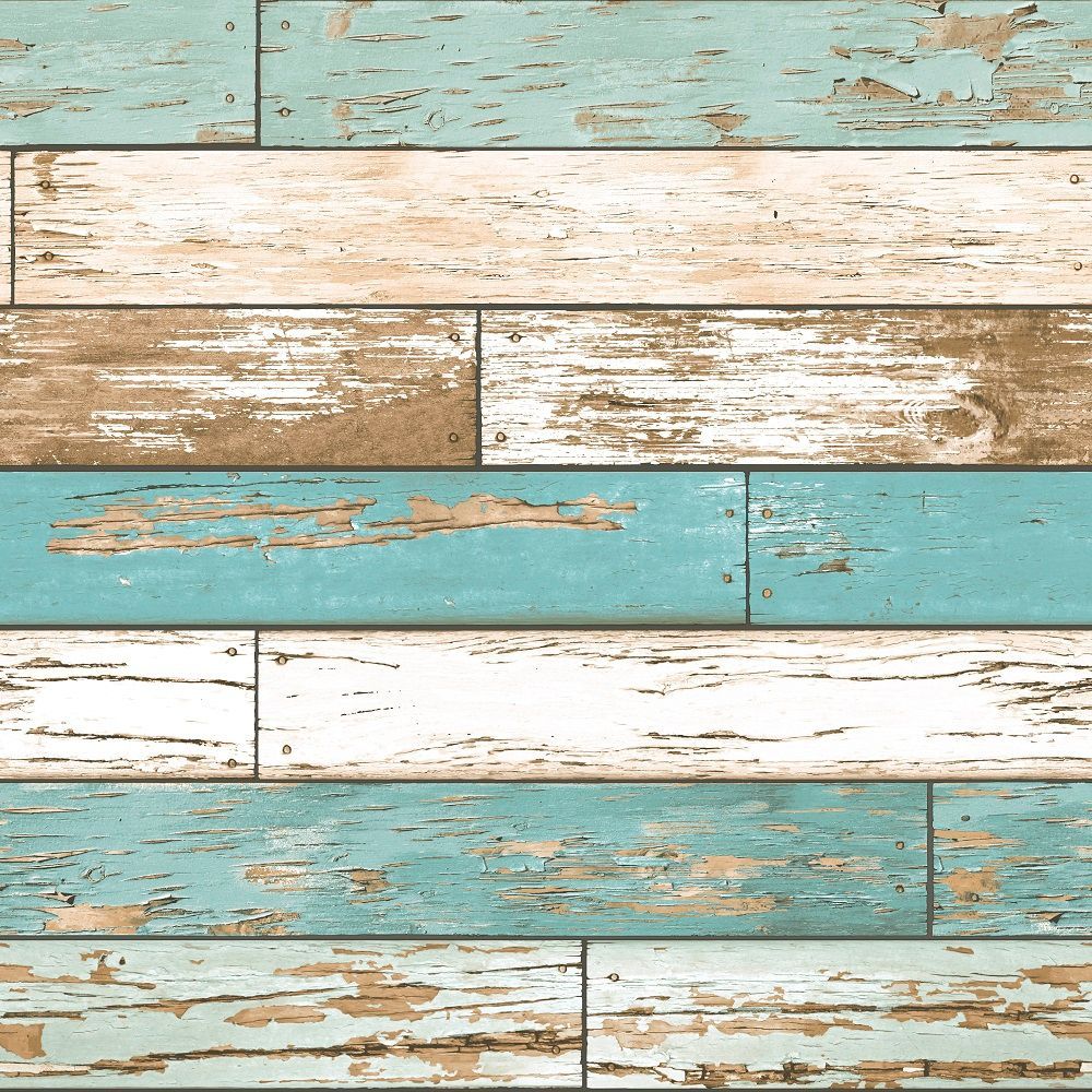 Distressed wood paneling wallpaper in shades of white, teal, and brown.