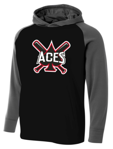 Black hoodie with gray sleeves and hood; 