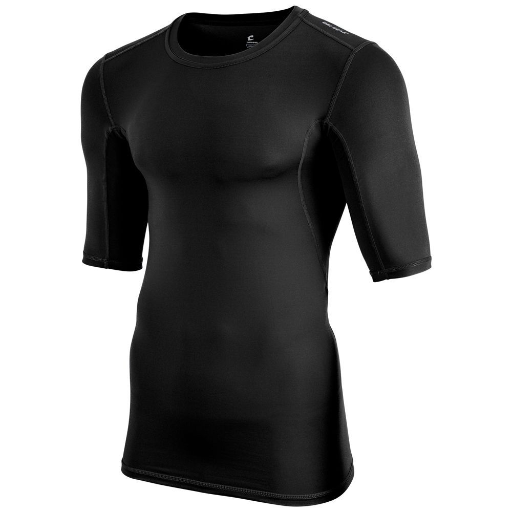 Black compression shirt with short sleeves, worn by a person.