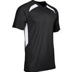 Black and white athletic shirt with a V-neck and white accents on shoulders and sides.