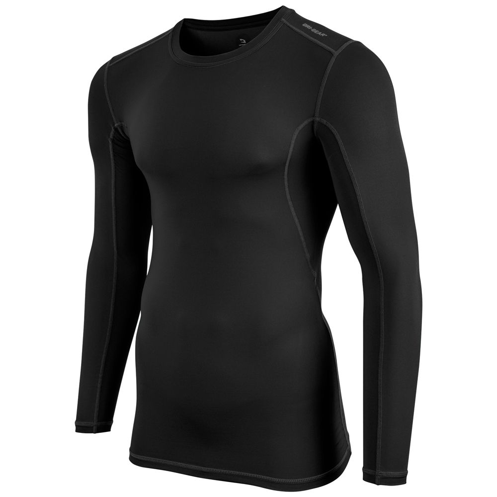 Black long-sleeved compression shirt, close-fitting, likely for athletic wear.