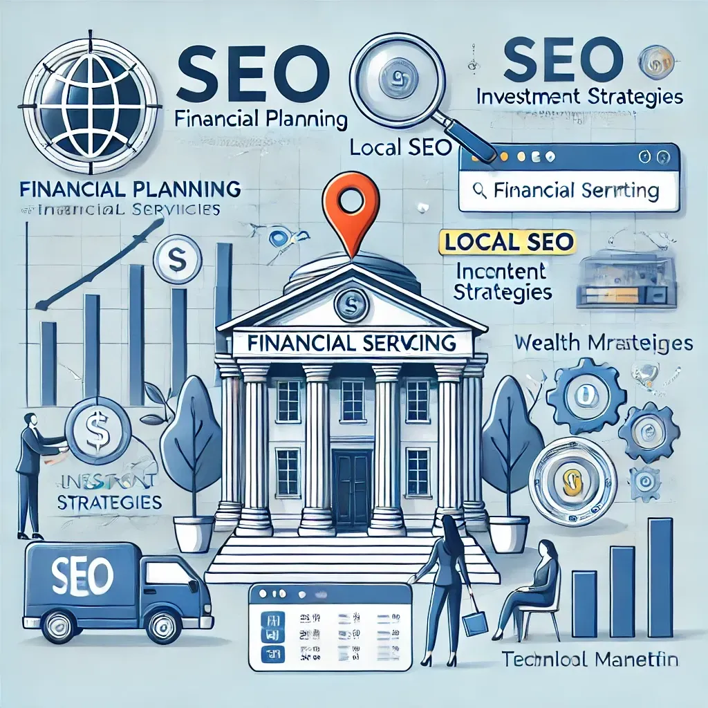 An illustration of a bank building with financial planning , seo , financial serving , and investment strategies.