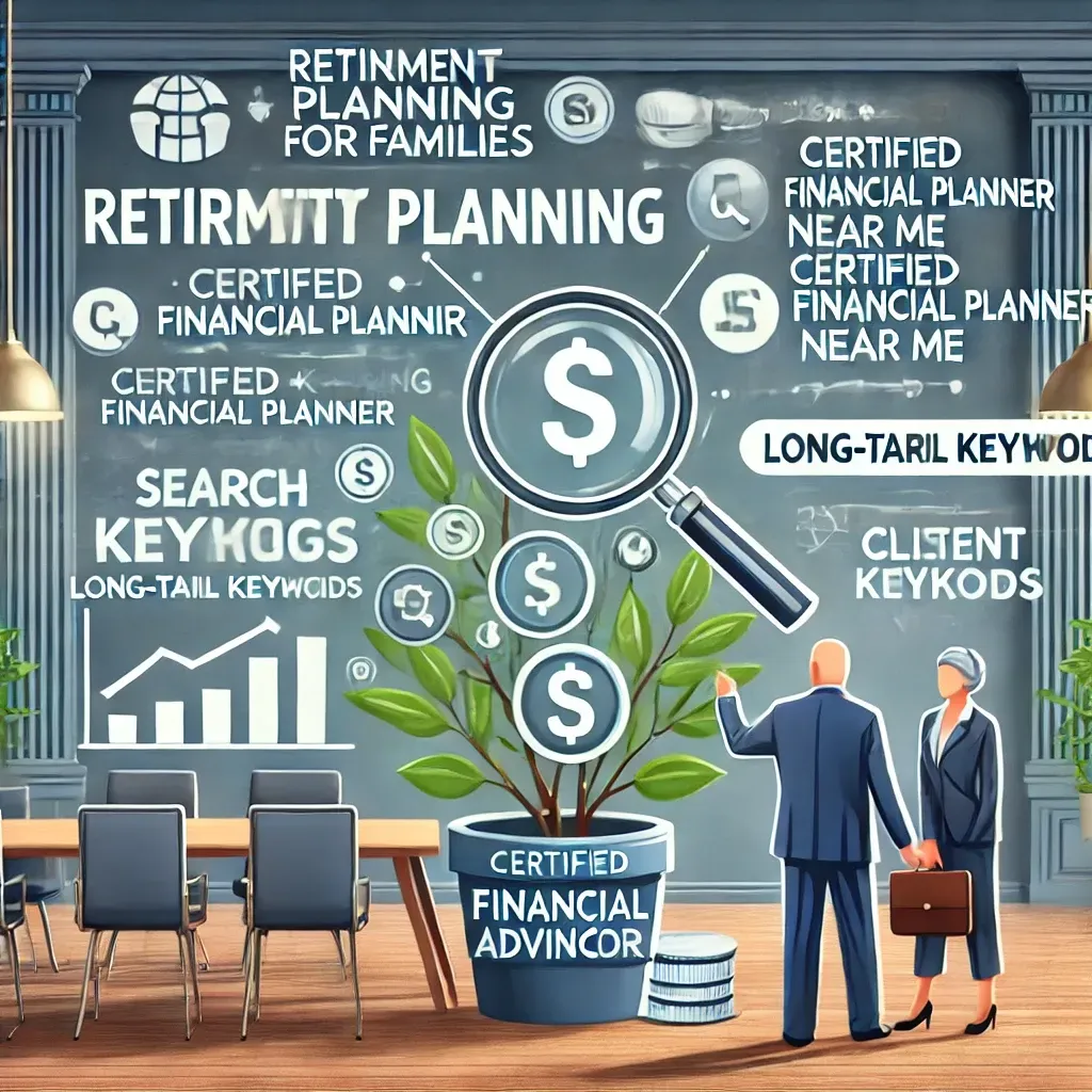 A man and a woman are standing in front of a wall that says retirement planning for families.