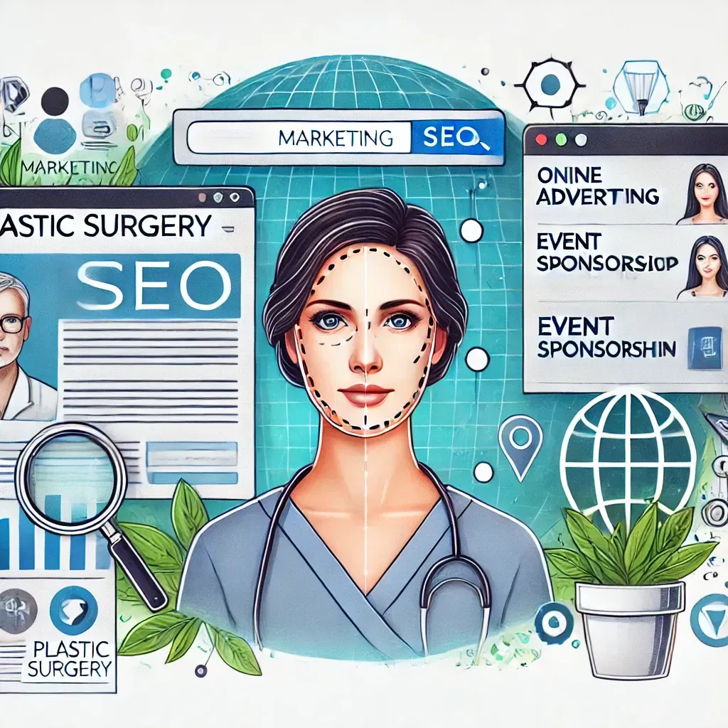 A woman with a stethoscope around her neck is surrounded by advertisements for plastic surgery.
