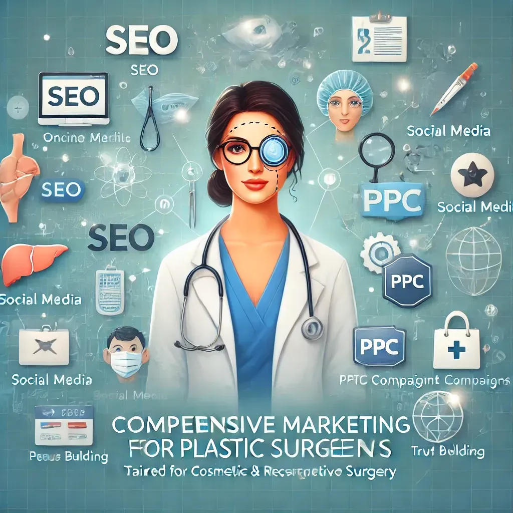 A doctor with a stethoscope around her neck is surrounded by icons.