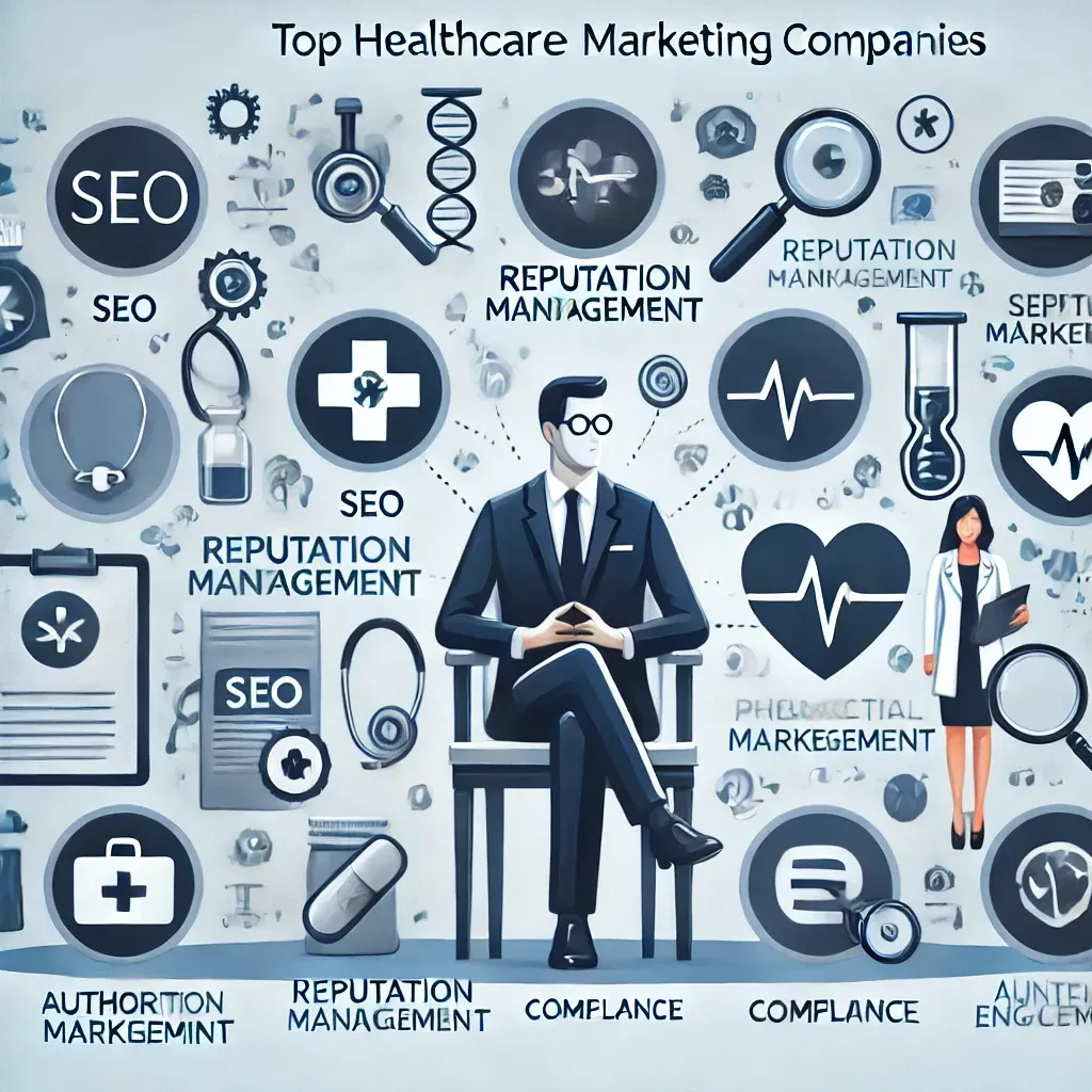 A man in a suit and tie is sitting on a chair surrounded by healthcare marketing icons.