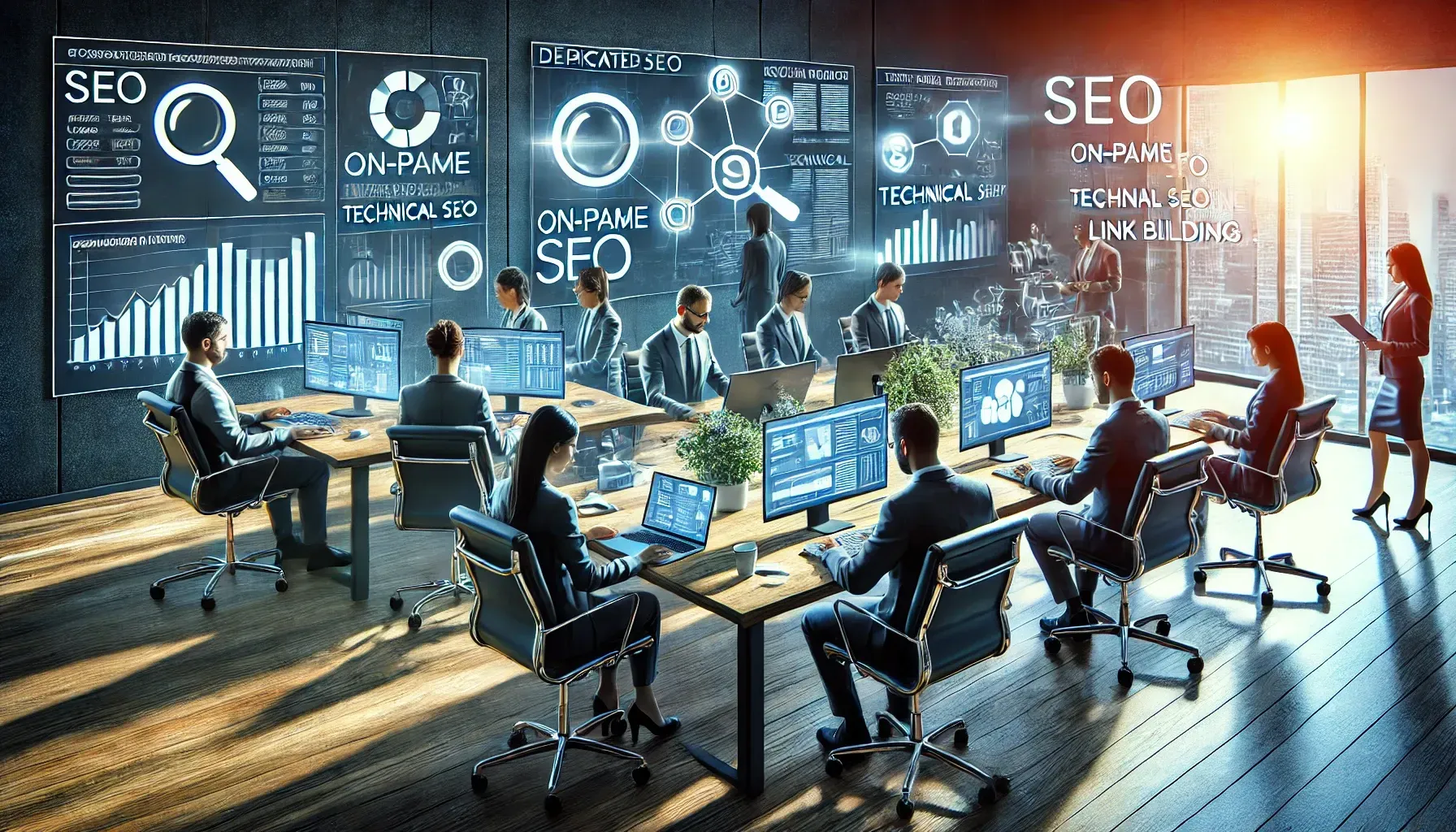 A group of people are sitting at tables in an office working on computers.