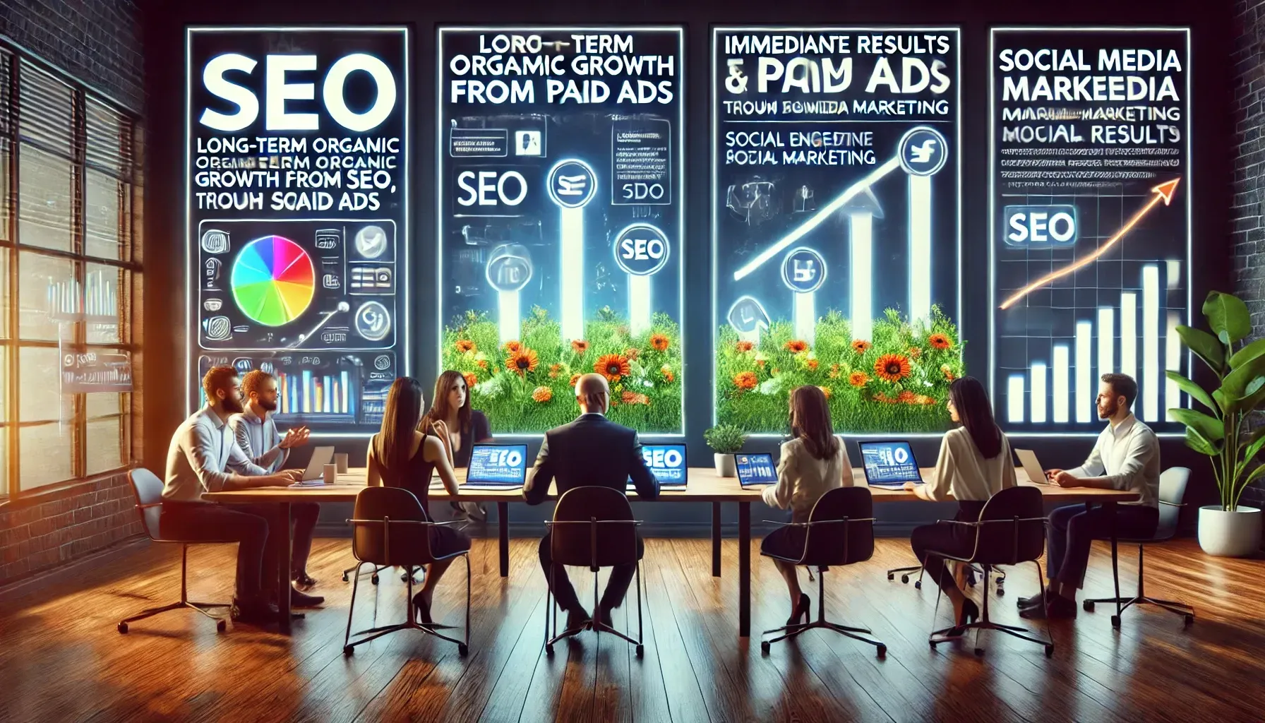 A group of people are sitting around a table in front of a chalkboard.