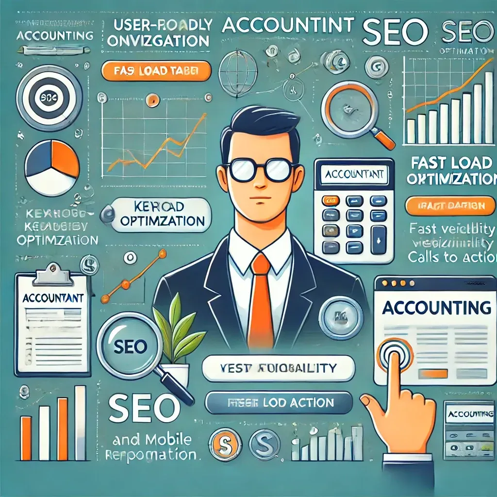 A man in a suit and tie is surrounded by icons for seo and accounting.