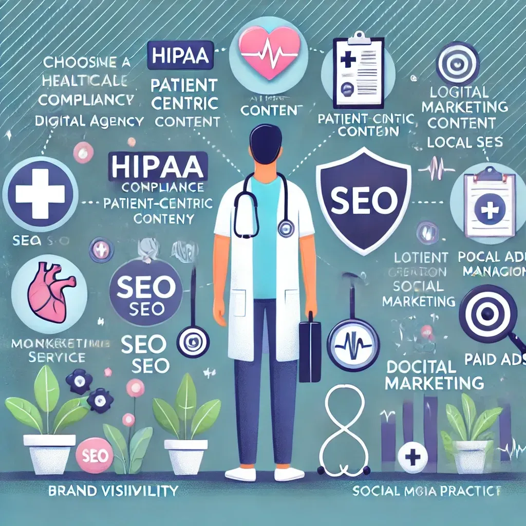 A doctor with a stethoscope and a briefcase is surrounded by icons.