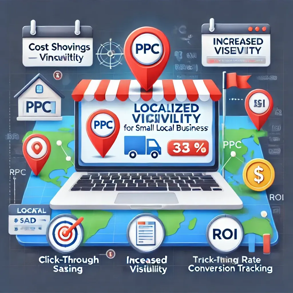 A laptop computer is sitting on top of a map next to a sign that says `` localized visibility for small local business ''.