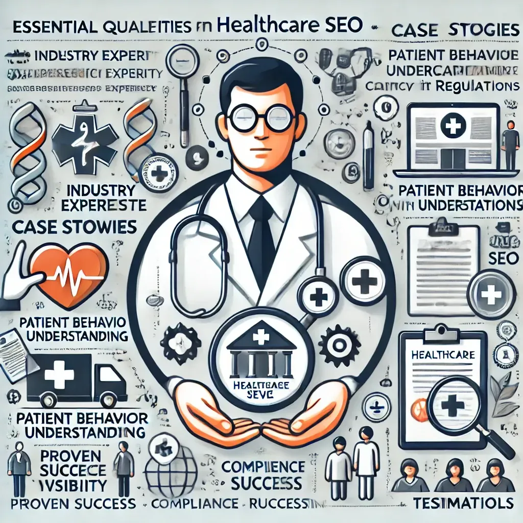 A doctor is holding a hospital in his hands surrounded by healthcare seo icons.