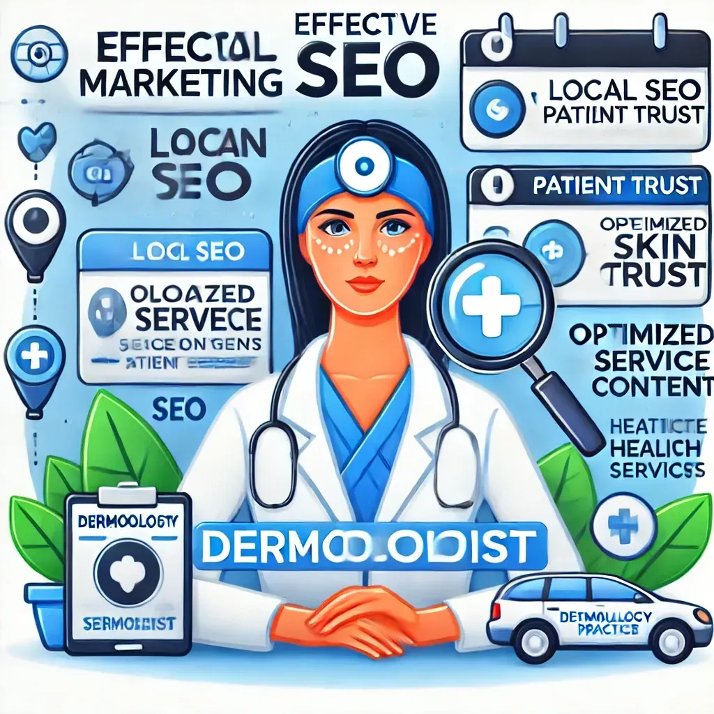 A cartoon illustration of a dermatologist with a magnifying glass.