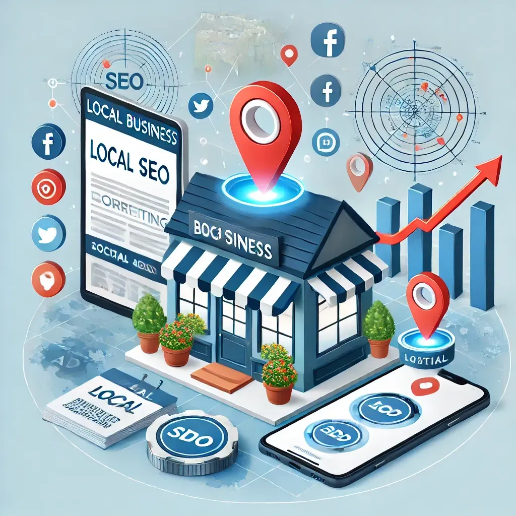 A 3d isometric illustration of a local business with a cell phone and a tablet.