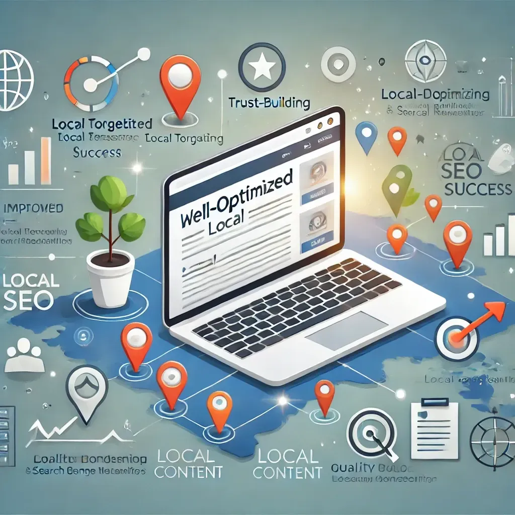 An isometric illustration of a laptop computer surrounded by icons.