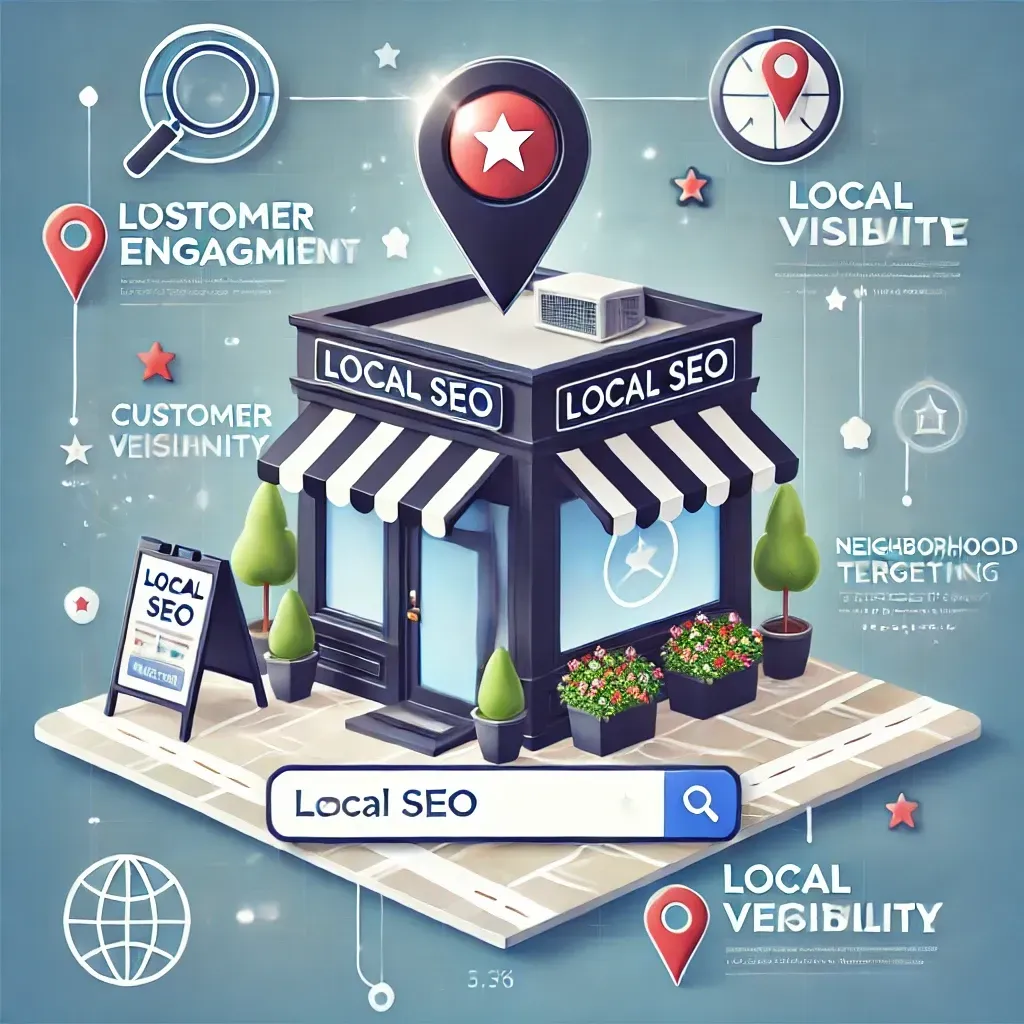 An isometric illustration of a store with a search bar in front of it.