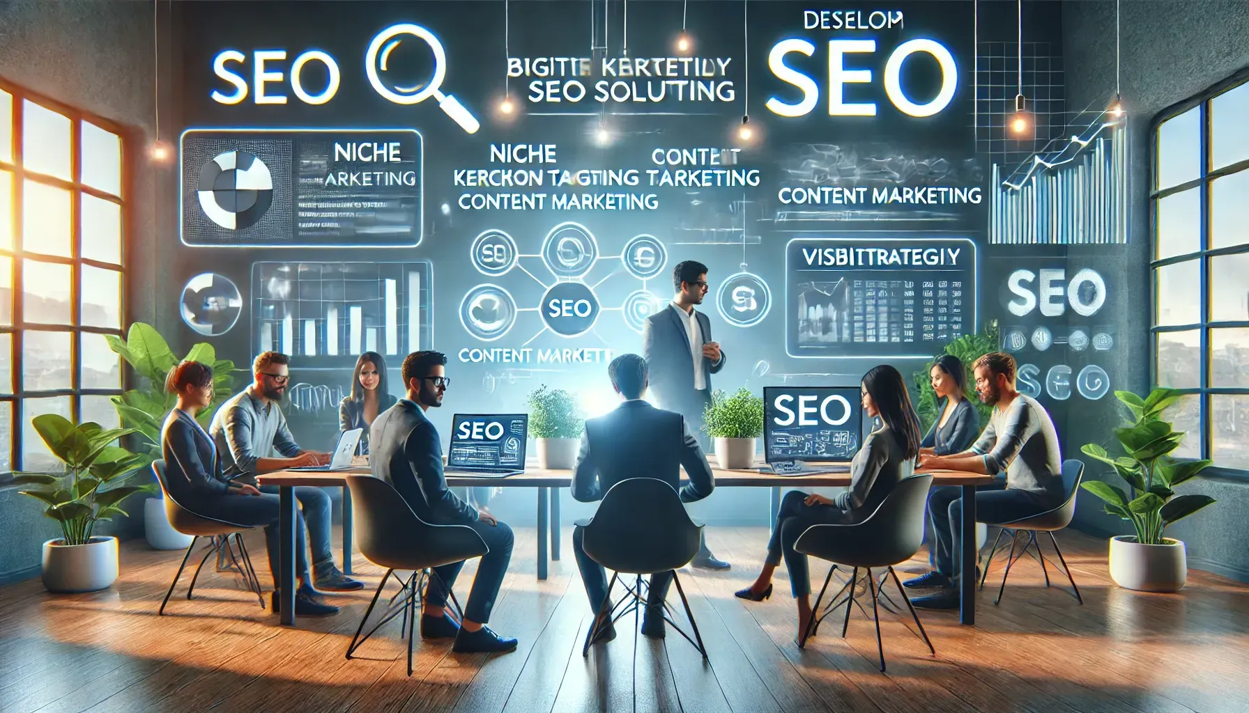 A group of people are sitting around a table having a meeting.