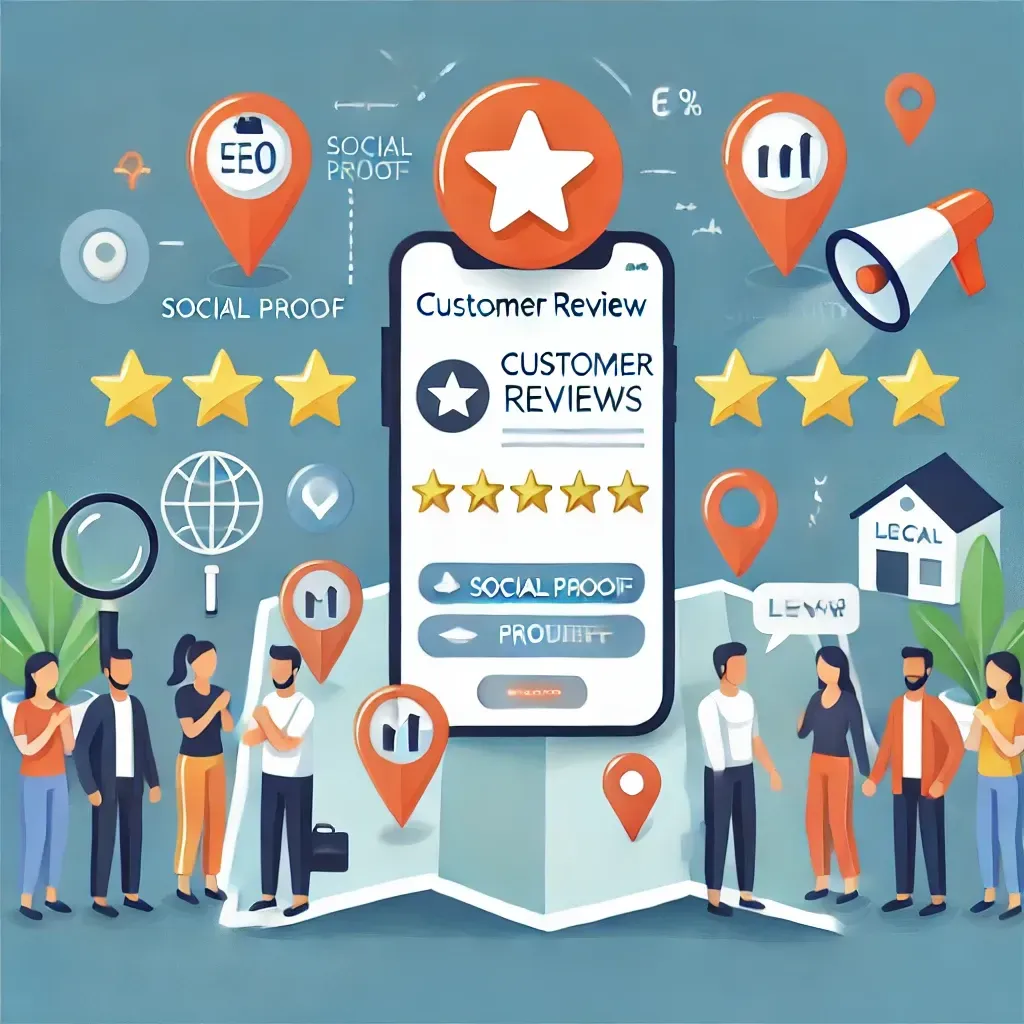 A group of people are standing around a cell phone with a customer review app on it.