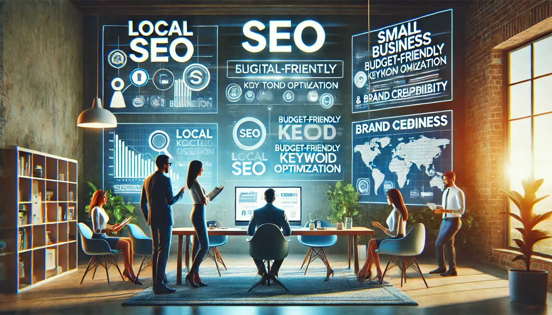 A group of people are standing around a table in front of a large screen.