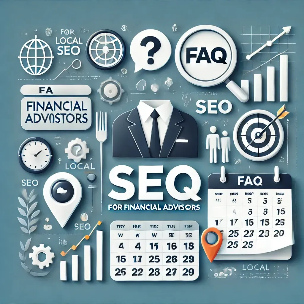 A calendar with a man in a suit and tie is surrounded by various icons.