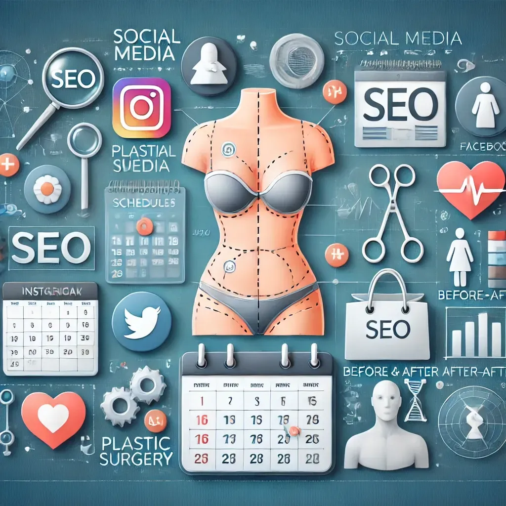 A woman 's torso is surrounded by icons for social media and plastic surgery