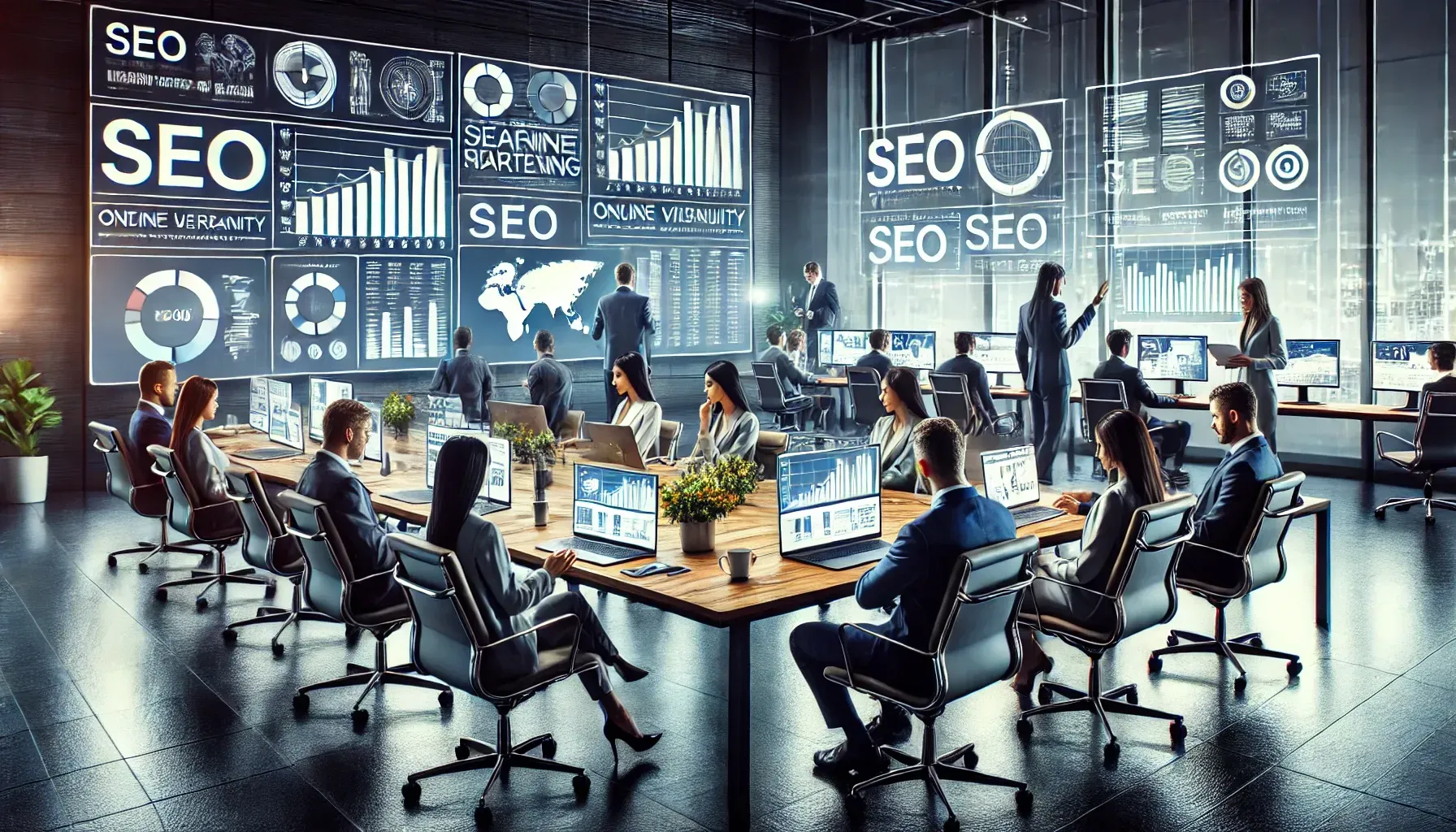 A group of people are sitting around a table in a conference room.