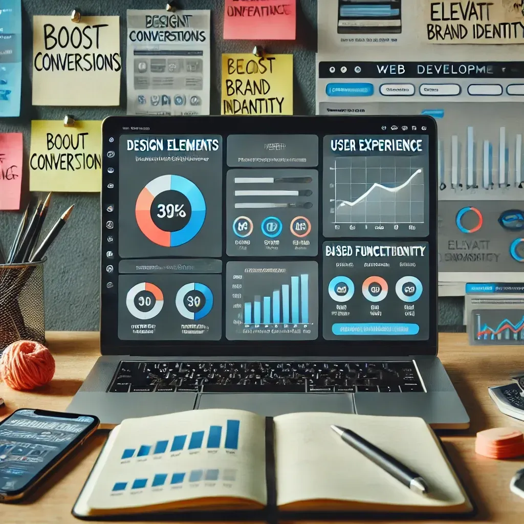 A laptop computer is open to a dashboard on a desk.