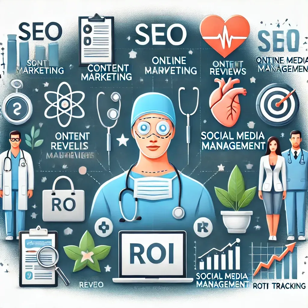 A doctor with a stethoscope around his neck is surrounded by icons related to seo.