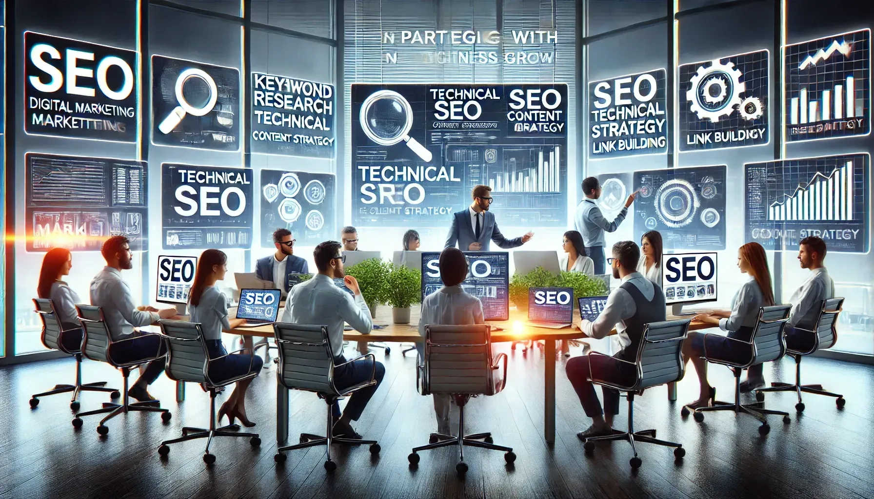 A group of people are sitting around a table having a meeting about seo.