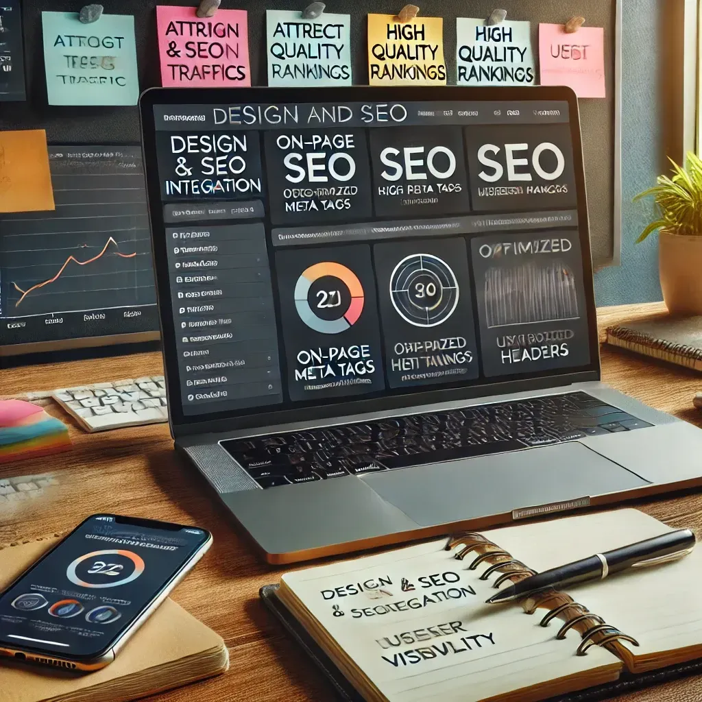 A laptop computer is open to a screen that says design and seo