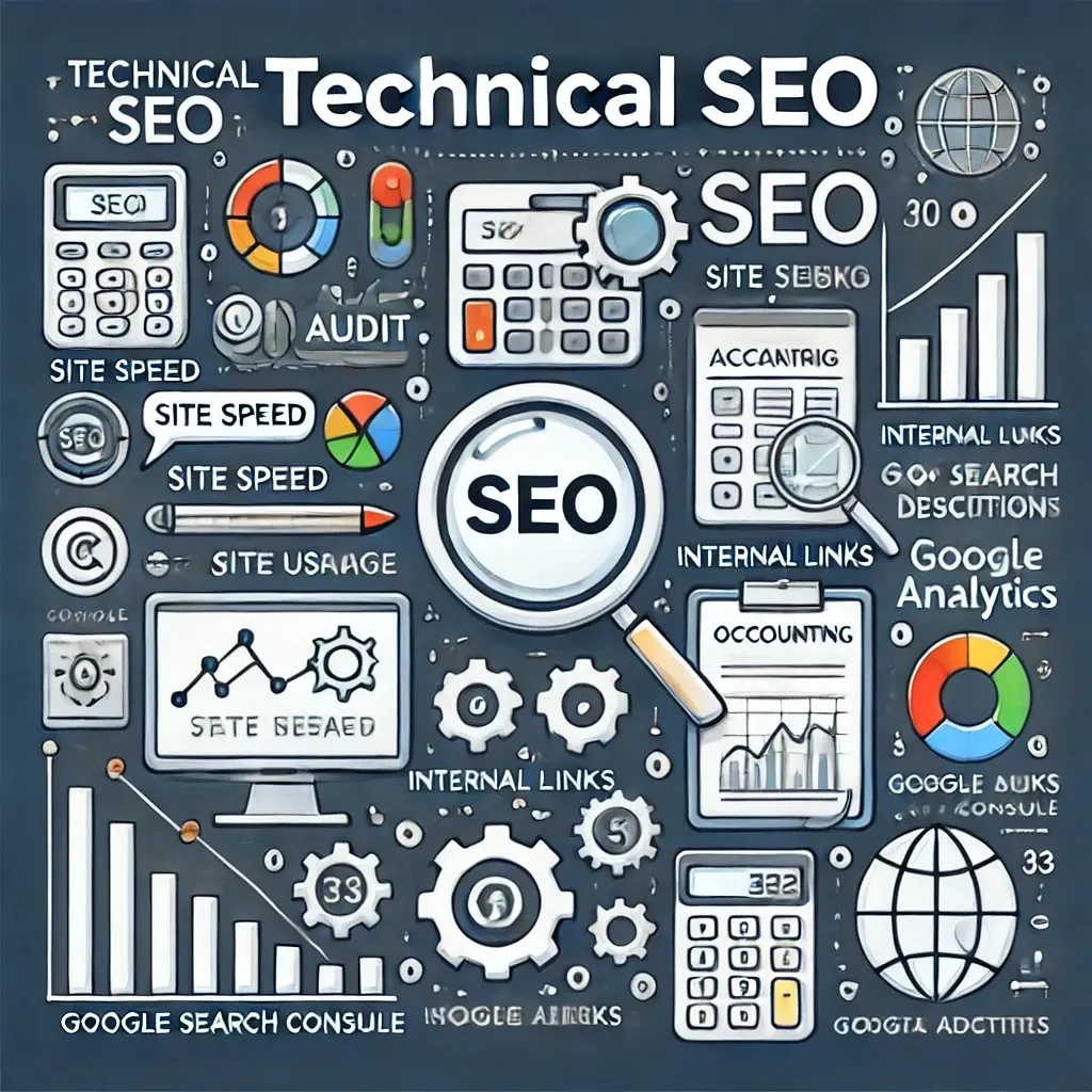 A set of technical seo icons on a blackboard.