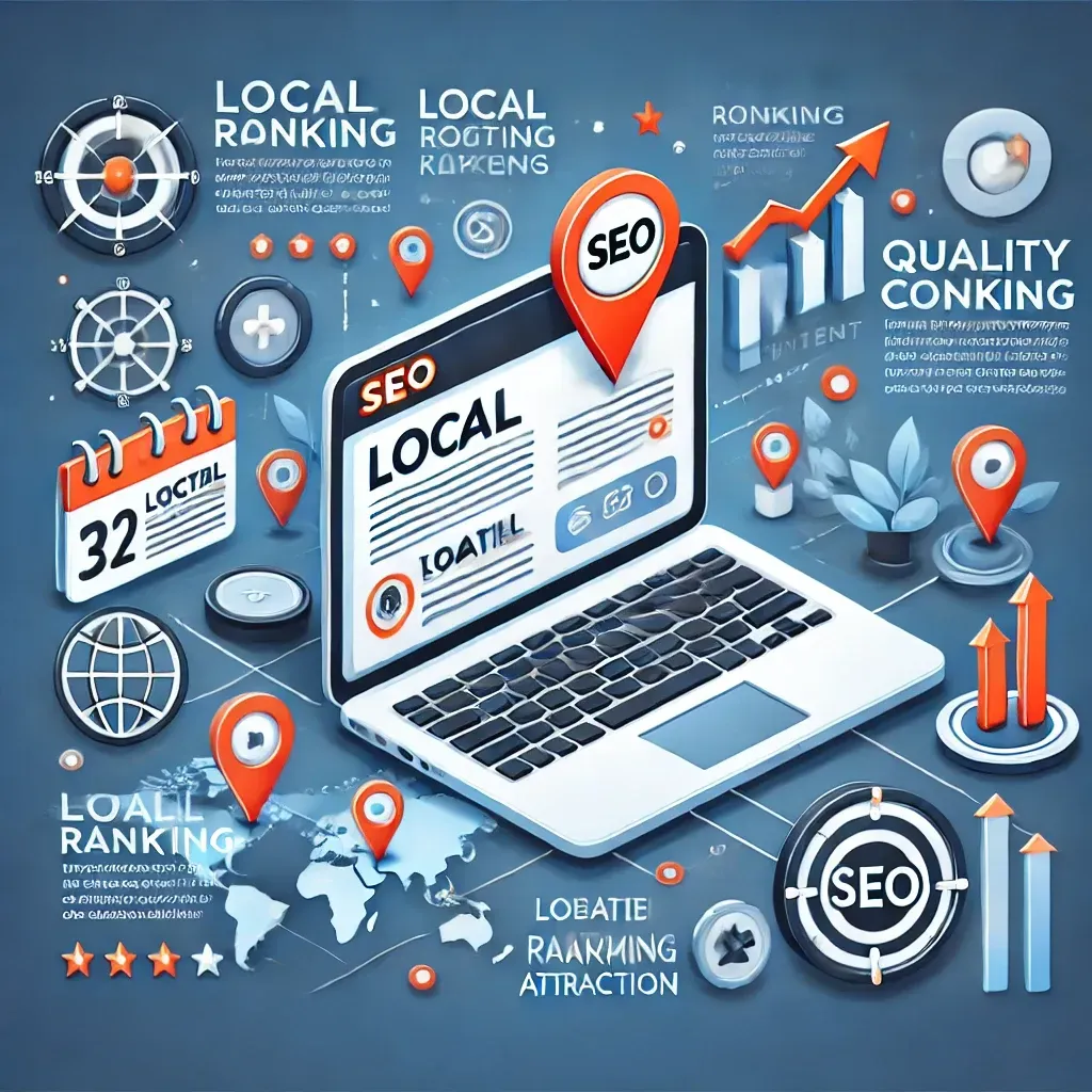 An isometric illustration of a laptop computer surrounded by seo icons.
