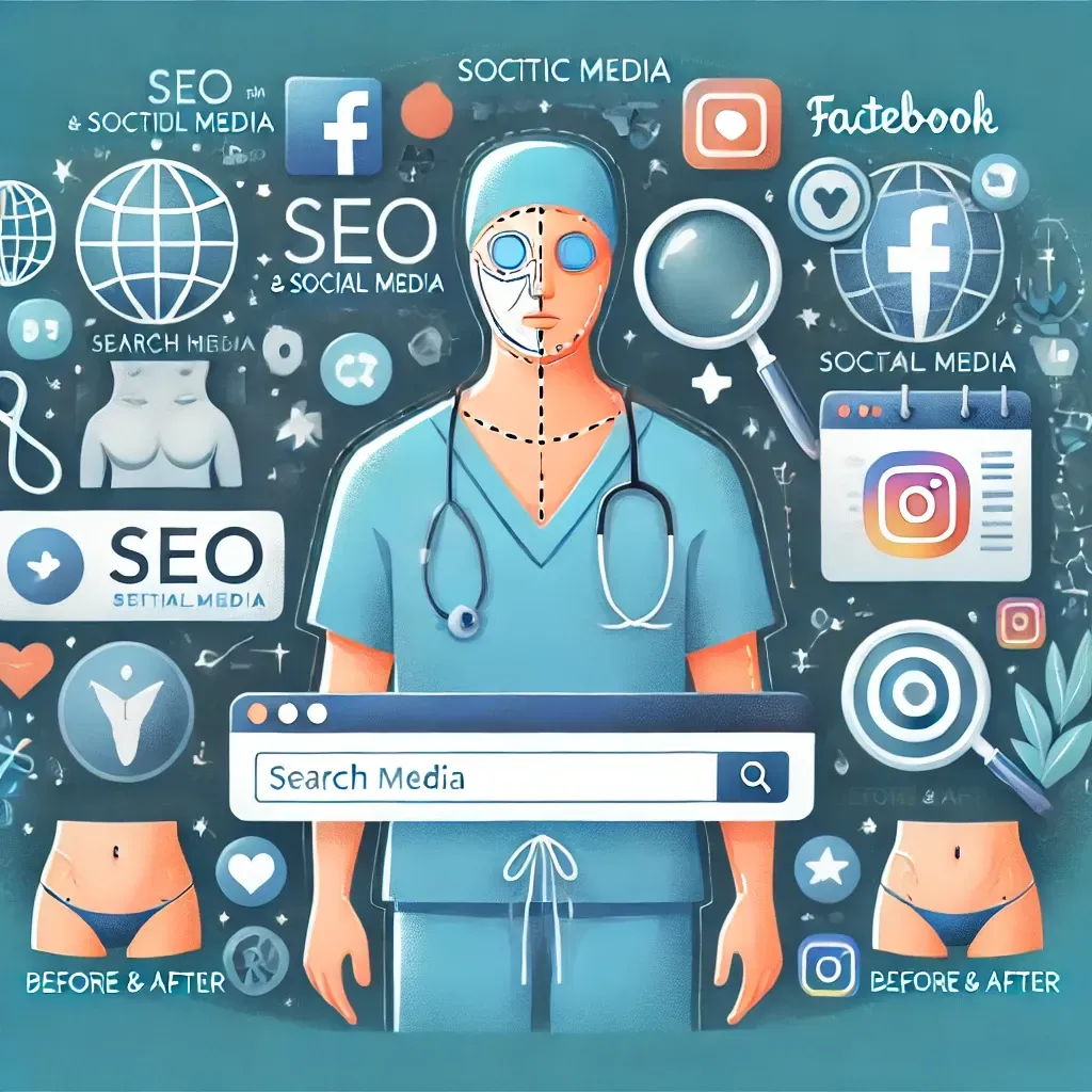 A surgeon with a mask on his face is surrounded by social media icons.