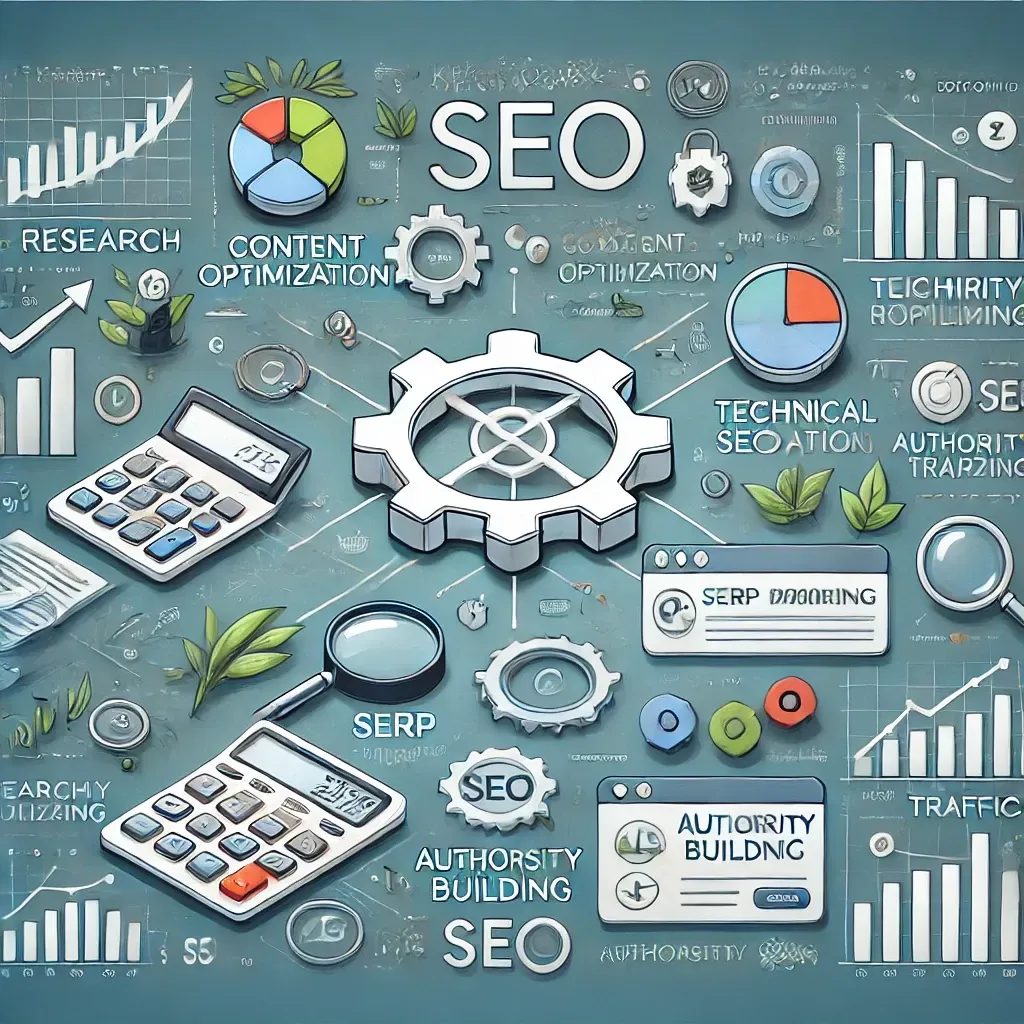 A drawing of a gear , calculator , magnifying glass , and other items related to seo.