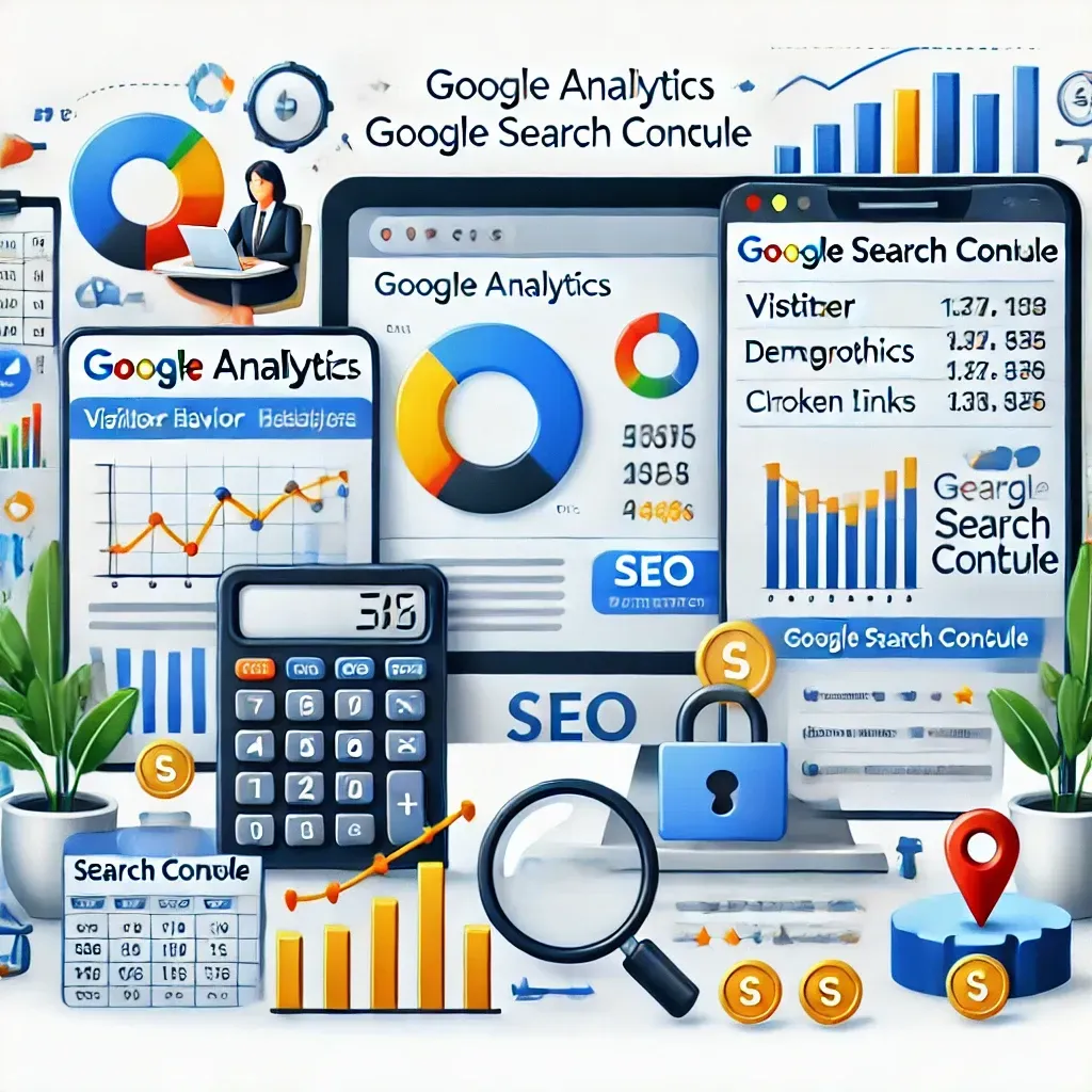A collage of google analytics and google search console icons.