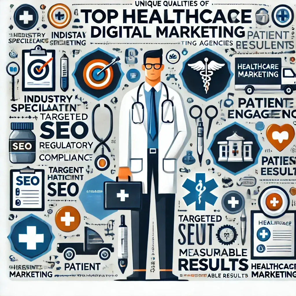 A doctor is surrounded by healthcare marketing icons.