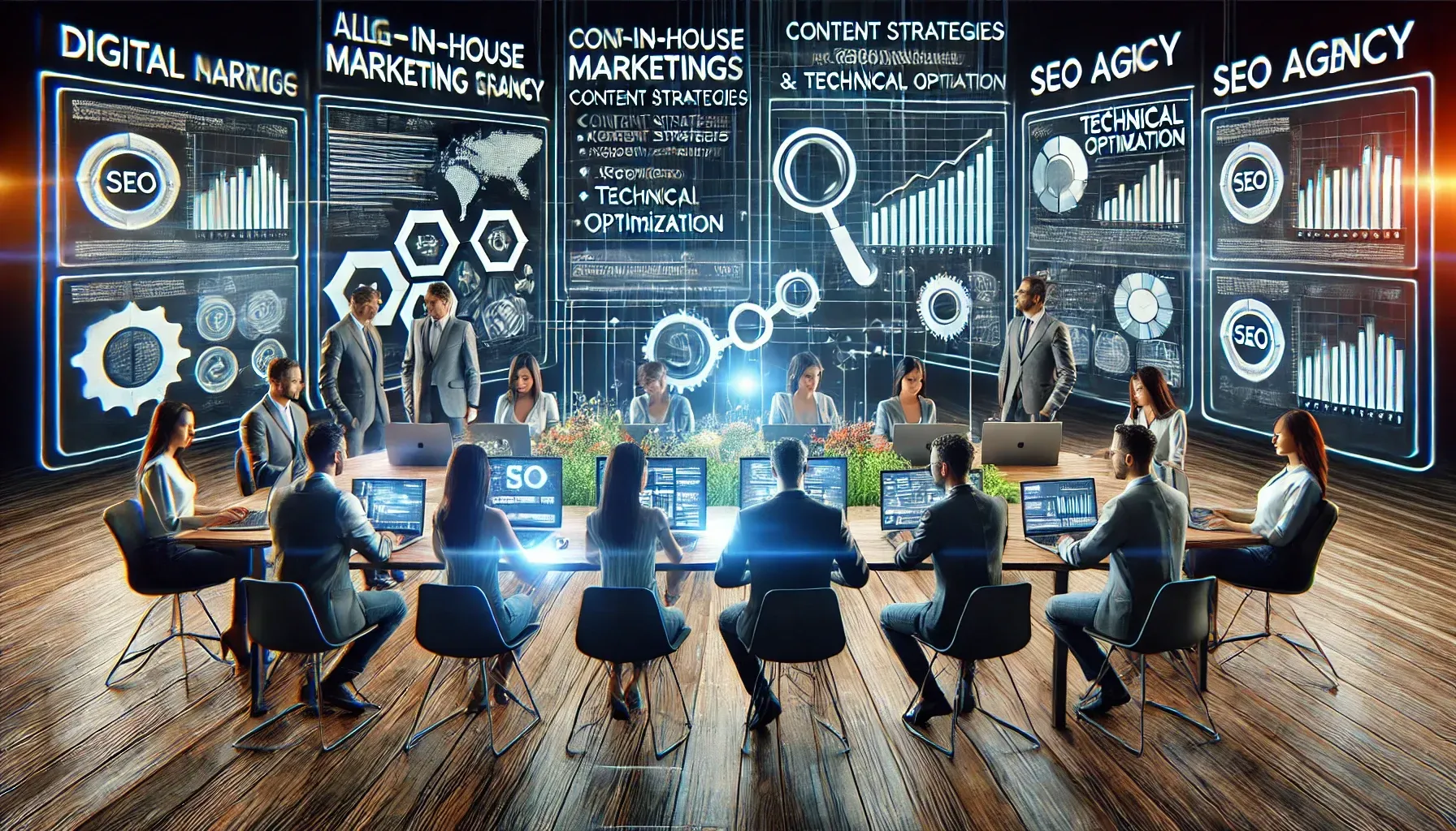 A group of people are sitting around a table in front of a large screen.