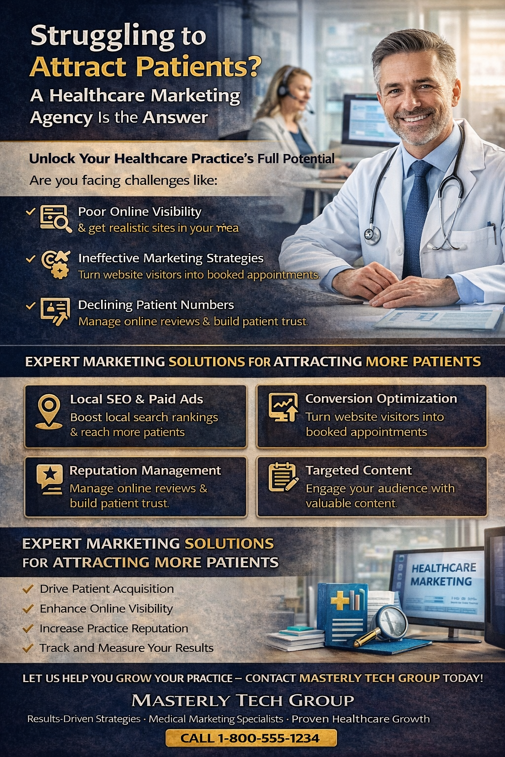 Struggling to Attract Patients? A Healthcare Marketing Agency Is the Answer” featuring a smiling doctor in a clinical setting with a marketing professional in the background. The graphic highlights common challenges like poor online visibility, ineffective marketing strategies, and declining patient numbers, and presents solutions such as local SEO, paid ads, conversion optimization, reputation management, and targeted content. It emphasizes how expert marketing solutions can drive patient acquisition, improve visibility, and grow healthcare practices, with a call to contact Masterly Tech Group.