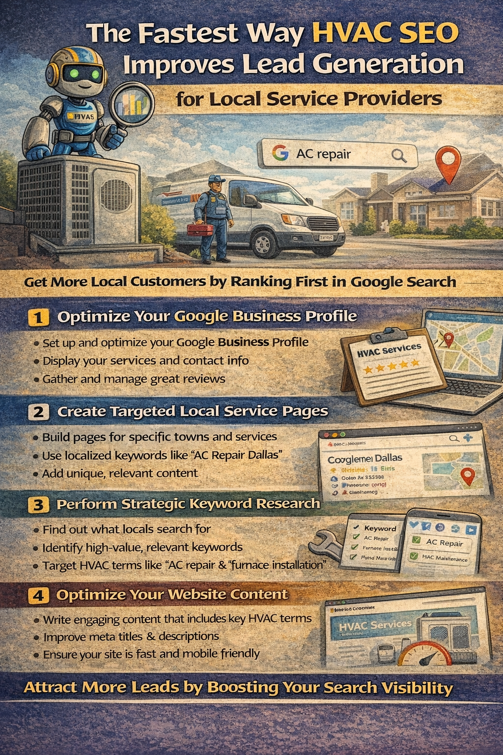 The Fastest Way HVAC SEO Improves Lead Generation for Local Service Providers.” It features a cartoon robot mascot alongside HVAC equipment, a service van, and a technician in a residential neighborhood. A search bar displaying “AC repair” and a location pin highlight local search intent.
The graphic outlines key HVAC SEO steps: optimizing a Google Business Profile (listing services, contact info, and reviews), creating targeted local service pages with location-based keywords, performing keyword research to identify high-value search terms, and optimizing website content with strong SEO practices.
The overall message emphasizes ranking higher in Google search to attract more local customers and increase lead generation.