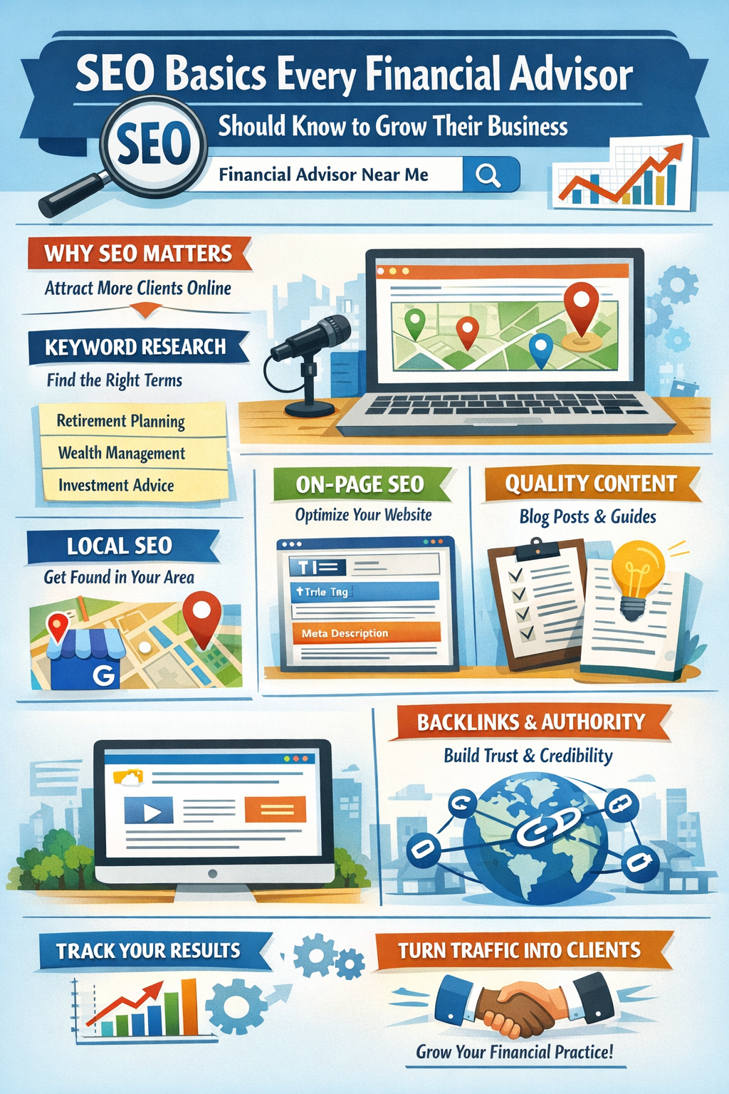 SEO Basics Every Financial Advisor Should Know to Grow Their Business.” It features a clean, professional design with a central image of a financial advisor working on a laptop, surrounded by visual elements representing digital marketing and search engines. Key sections highlight core SEO concepts, including keywords, on-page SEO, content creation, backlinks, technical SEO, and local SEO. Icons such as magnifying glasses, charts, and search bars illustrate how search engines work and how advisors can improve visibility. The graphic emphasizes strategies like using long-tail keywords, optimizing website content, building authority, and attracting high-intent clients through search rankings.