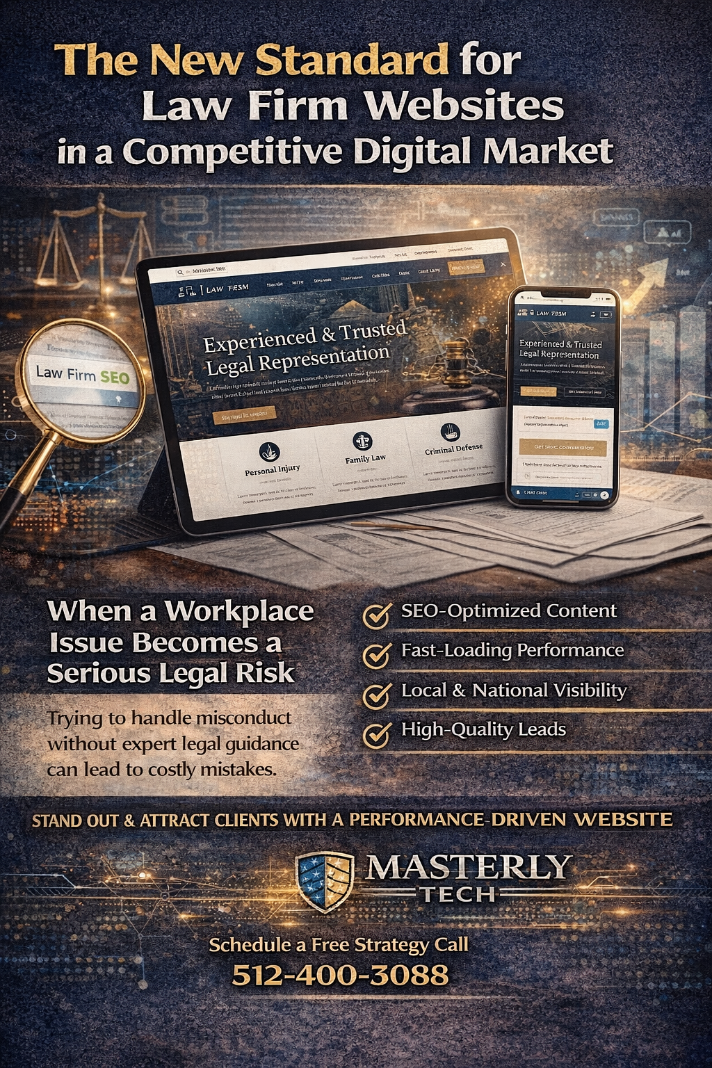 A promotional digital banner from Masterly Tech showing a modern law firm website displayed on a tablet and smartphone, emphasizing mobile-friendly design. The headline reads “The New Standard for Law Firm Websites in a Competitive Digital Market.” The graphic highlights key features such as SEO-optimized content, fast-loading performance, local and national visibility, and high-quality lead generation. A magnifying glass labeled “Law Firm SEO” and legal-themed visuals appear in the background. The banner includes a call to action to schedule a free strategy call, along with the Masterly Tech logo and contact number.
