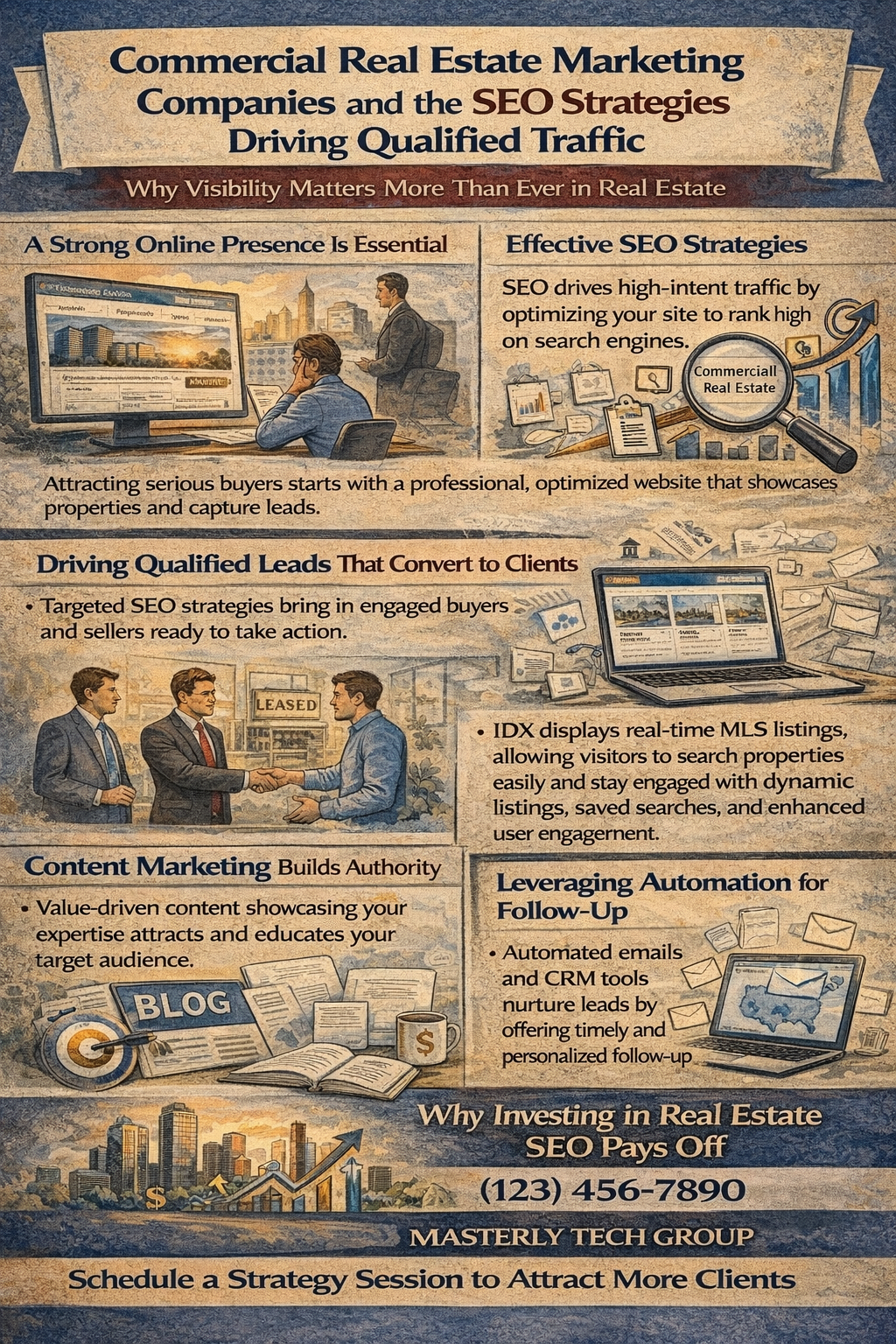 Commercial Real Estate Marketing Companies and the SEO Strategies Driving Qualified Traffic,” illustrating how SEO and digital marketing help real estate professionals attract qualified leads. The image includes sections on building a strong online presence, effective SEO strategies, IDX integration for MLS listings, content marketing, and automated follow-up tools, with visuals of websites, analytics, and business professionals engaging with clients.