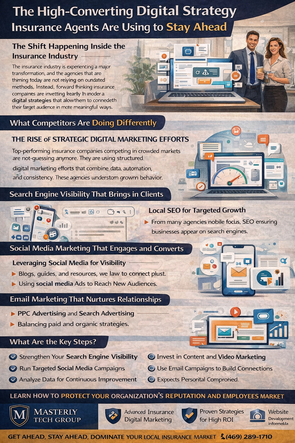 The High-Converting Digital Strategy Insurance Agents Are Using to Stay Ahead.” It features a modern digital marketing theme with laptops, charts, and social media icons alongside business professionals.
Sections explain the shift in the insurance industry toward digital strategies and highlight what top competitors are doing differently, including structured digital marketing efforts and data-driven decision-making. It emphasizes the importance of search engine visibility, local SEO, and building a strong online presence to attract clients.
Additional sections cover key marketing channels such as social media marketing, email marketing, and paid advertising, showing how these tools help engage audiences and generate leads. A checklist outlines key steps like improving search visibility, running targeted campaigns, investing in content and video marketing, and analyzing data for continuous improvement.
The footer promotes Masterly Tech Group’s services, including advanced digital marketing, high-ROI strategies, and website development, encouraging insurance agents to stay ahead and grow their business.